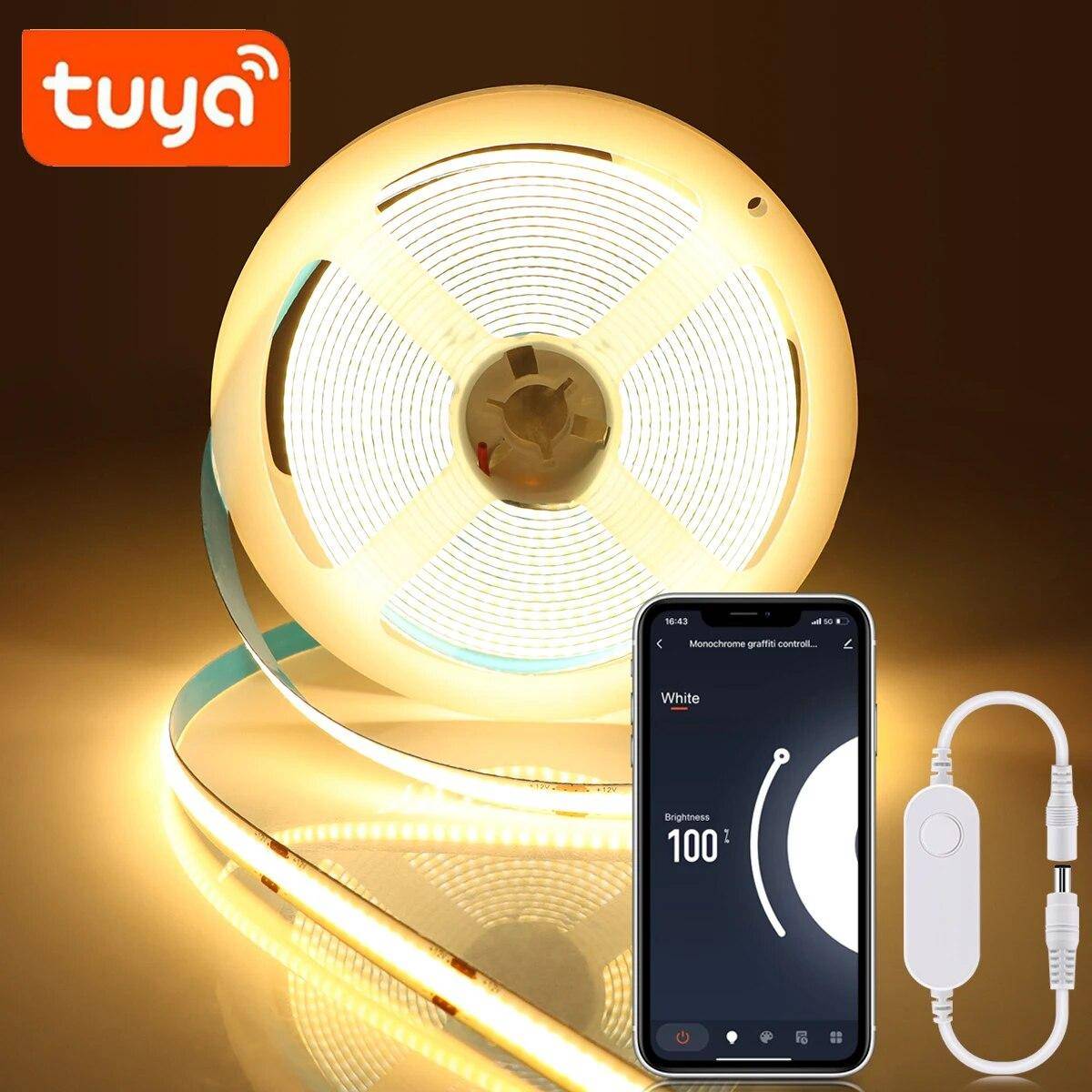Tuya Smart Life COB LED-remsa Inomhuslampa 320LEDs/m Flexibel Tejpband 3000-6500K RA90 LED-lampor Fungerar med Alexa Google Home vit