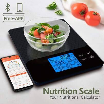 10 kg/22 lb smart digital köksvåg med näringskalkylator, skärm som visar näringsinformation, gratis app för att spåra kalorier och makrovärden, bekväm - Grå