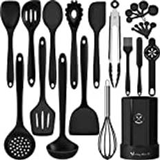 Fungun silikon köksredskapsset, 25 st köksredskap med spatel, sked, svarvare, tång, värmebeständiga köksredskap verktygsset för nonstick köksredskap svart (diskmaskin, BPA-fri)