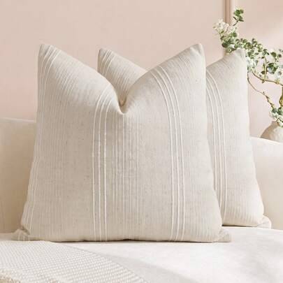 1 st/2 st dekorativt randigt prydnadskuddfodral i texturerat linne, för soffa, säng och stol, vardagsrum, heminredning, lantlig stil - Beige (Multi-size)