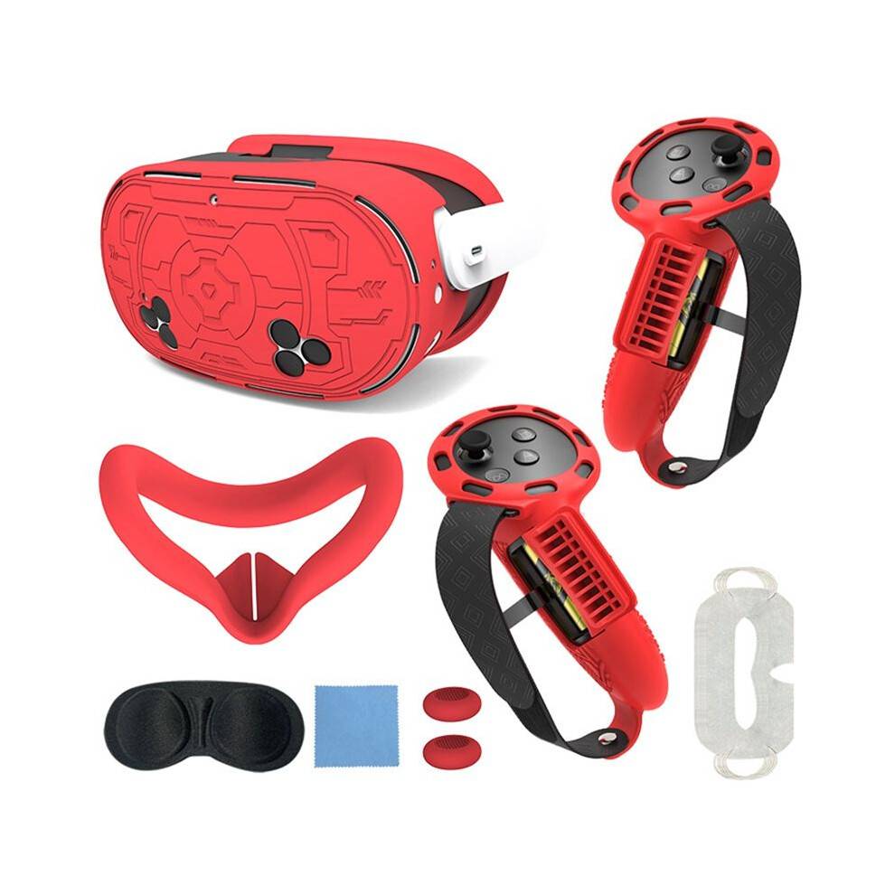 Lens Protection Cover, Anti-Fall VR Protection Cover, Controller Handle Cover for Meta Quest 3S 7-Piece Set Red