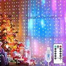 Yizhet Curtain Lights 3m x 3m Curtain Fairy Lights 300 Led RGB Multicolor, 8 Modes, Waterproof, USB Powered with Remote Control & Timer for Bedroom, Wedding, Party