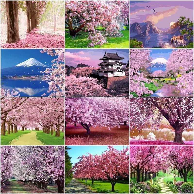 Diamantmålning Hela Körsbärsblommor Mosaikhus Sakura Broderi Landskap Heminredning Diamantkonst