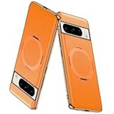 Soyeacrg äkta läderfodral för Google Pixel 8 Pro/8, kompatibel med Magsafe 360° roterbar ring osynligt ställ lyxig plätering mjuk TPU stötfångare minimalistiskt smalt fodral, orange, 8 Pro