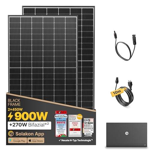 Solakon® 900W Balkonkraftwerk mit Speicher - Balkonkraftwerk 800W komplett Steckdose - 2kWh Solakon ONE Speicher mit 800 Watt Integrierten Hybrid-Wechselrichter - 450W bifaziale Solarmodule
