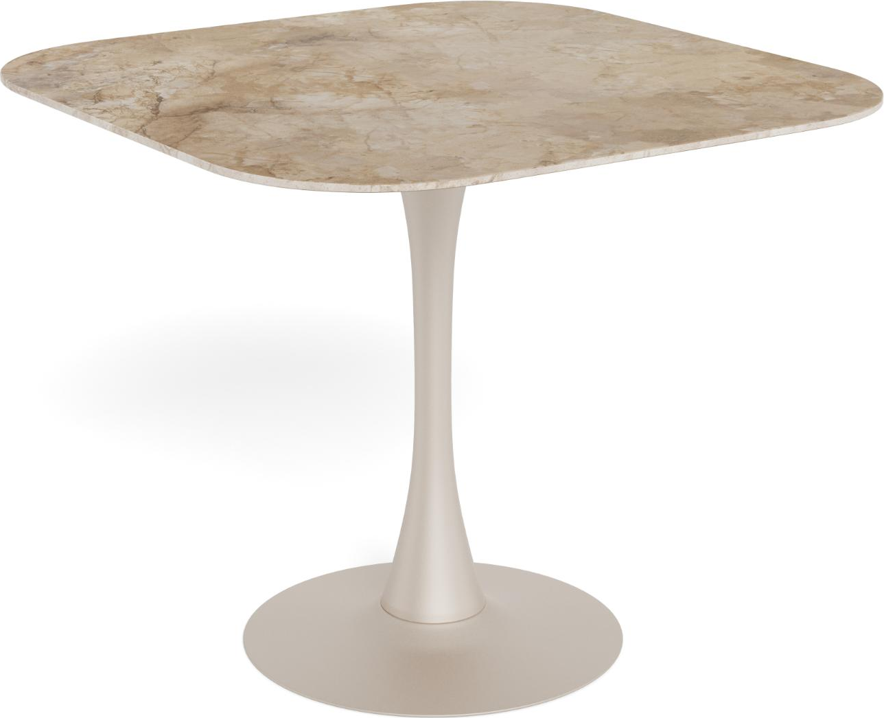 Spisebord Signature Nivella 90x90 cm, poleret brun Aberta-keramik & gråt pulverlakeret stålstel.