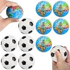 Fizdoqg 12 stycken stressboll, fotboll, 6 cm, minifotboll, antistressbollar, 6 fotbollsstressbollar och 6 antistressboll, jordglob för barn och vuxna, fotbollsgåvor pojkar