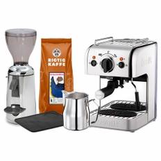 Dualit 3 in 1 Espressomaskine, Nuova Simonelli Grinta Chrome Espressokværn, Mælkekande, Stampemåtte og Kaffe