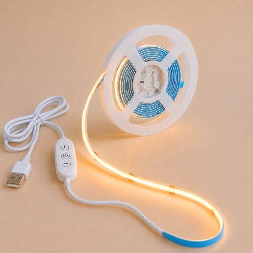 COB LED Remsa 1M, Varmvitt 2700K 5V Dimbar Flexibel LED Remsa med Självhäftande Baksida, 320 Lysdioder, 8 mm Bred, CRI 92+ för Bakgrundsbelysning till TV, Sovrum, Speglar