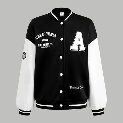 Teenageflicka Teen Girls svartvit färgblockerad bokstavslappad oversized varsity baseballjacka höst - Svart och Vitt (14Y,12Y,13Y,16Y,15Y)
