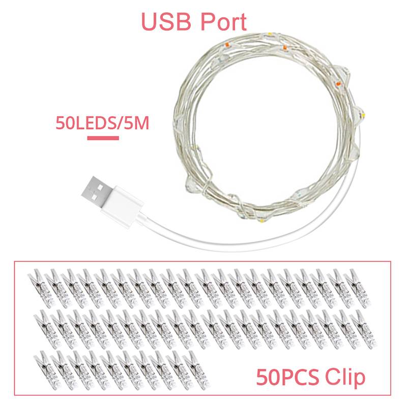 2m/5m/10m fotoklämma usb led ljusslingor fairy lights utomhus krans batteridriven juldekoration fest bröllopslampa - Usb 5m 50 lysdioder / RGB