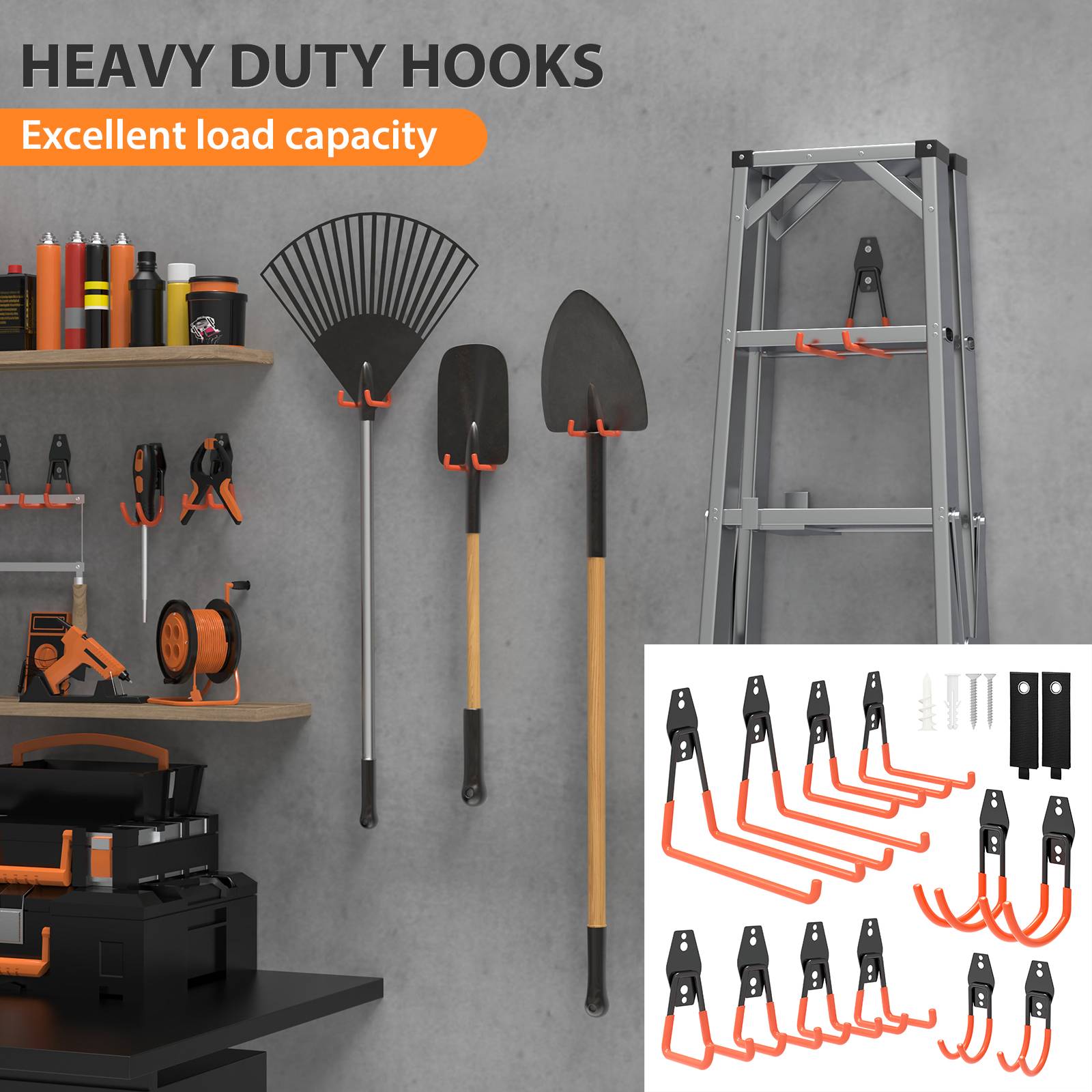 Heavy Duty Garage Storage Hooks Wall Mount Utility Tool Hangers Anti-Slip Rubber Coated Metal Hook Organizer for Bike Ladder Garden Tools Shed Workshop Storage with Storage Straps