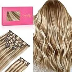 WENNALIFE Clip In Extensions äkta hår, 150 g, 60 cm, 9 st askbrun, highlights, guldblond, clips, hårförlängningar, clips, hårförlängning, äkta hår