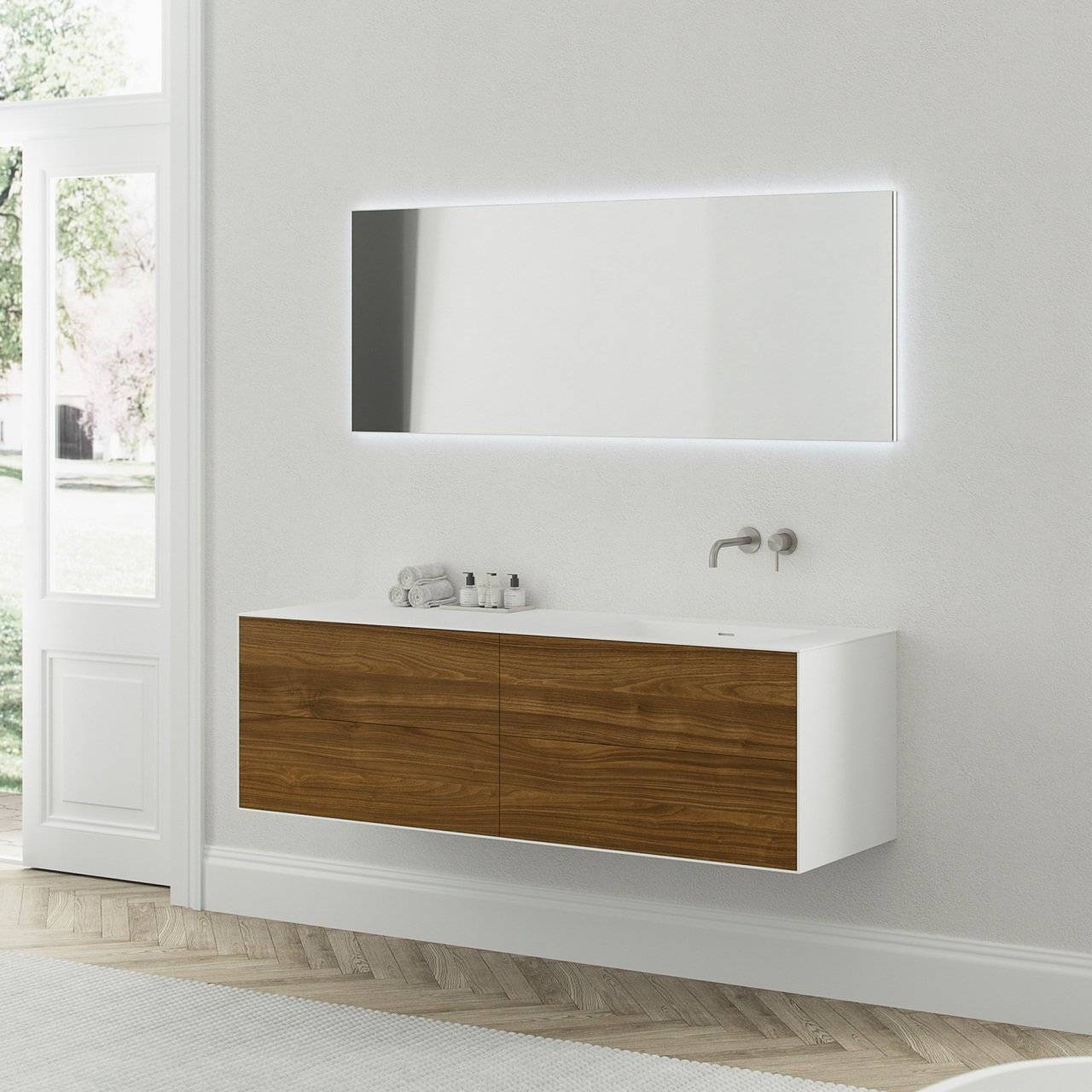 Copenhagen Chic 160R - MKII Glacier White Corian® m/American Walnut Badeværelsesmøbel - fra Bad&Stil.
