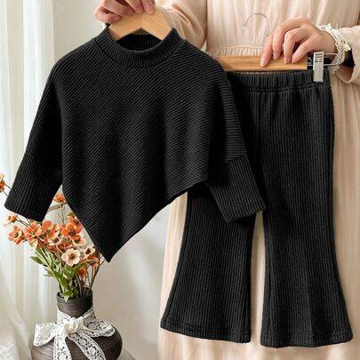 Casual T-shirtset för spädbarnsjejer, vår/höst/vinter, designinspirerad asymmetrisk pullover med hög hals i stickad ribbad borstad khaki enfärgad lång - Svart (9-12M,12-18M,18-24M,2-3Y)