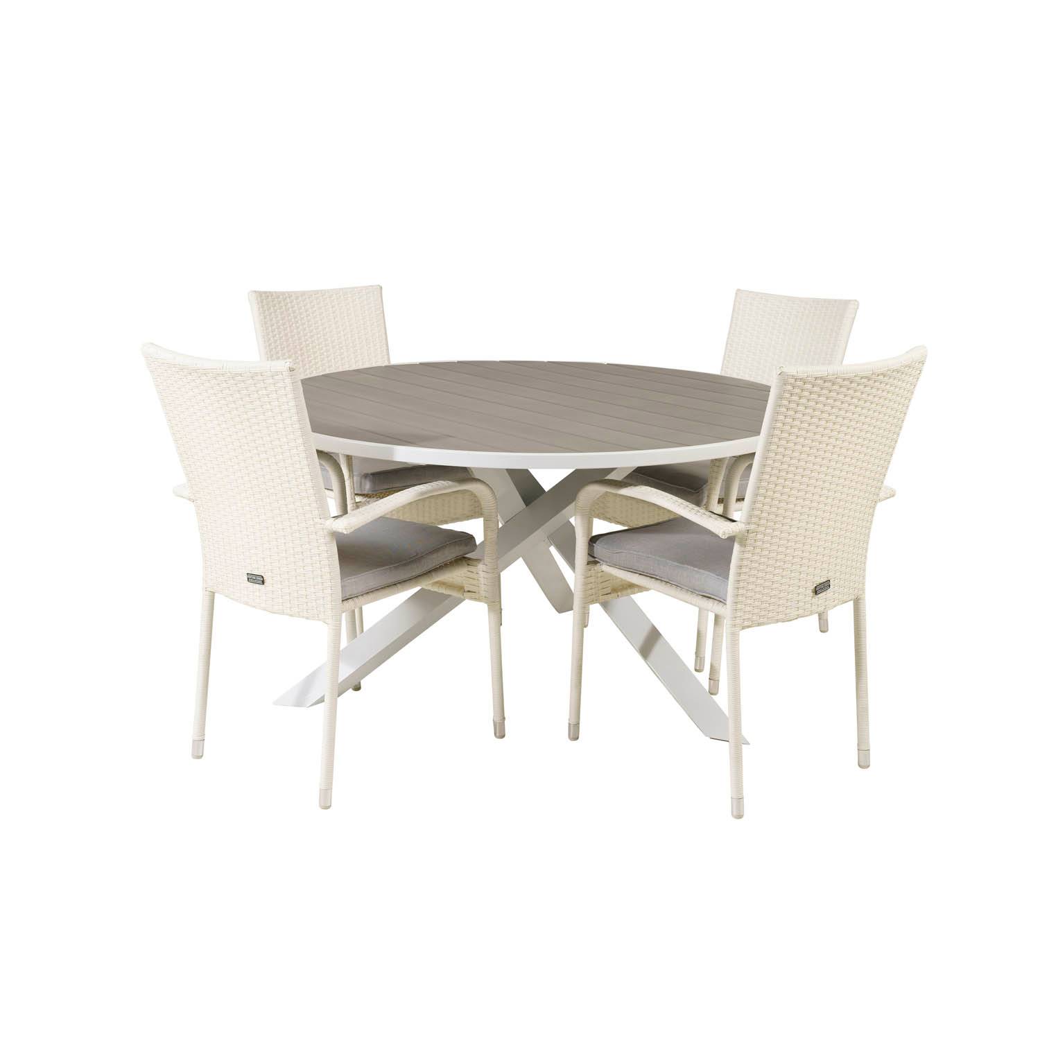 VENTURE DESIGN havesæt m. Parma bord (Ø140) og 4 Anna stole m. armlæn - hvid alu/rattan/grå aintwood