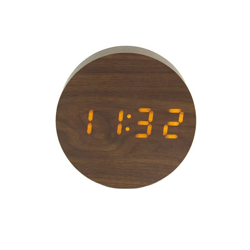 round wooden digital LED alarm clock adjustable brightness temperature sound control
