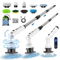 ETENTOUS Elektrische Reinigungsbürste, Electric Cleaning Brush mit 8 Ersatzbürstenköpfe Electric Spin Scrubber 3 Modi Power Scrubber mit 37-140cm Verstellbarem Griff für Bad Küche Auto Fußboden