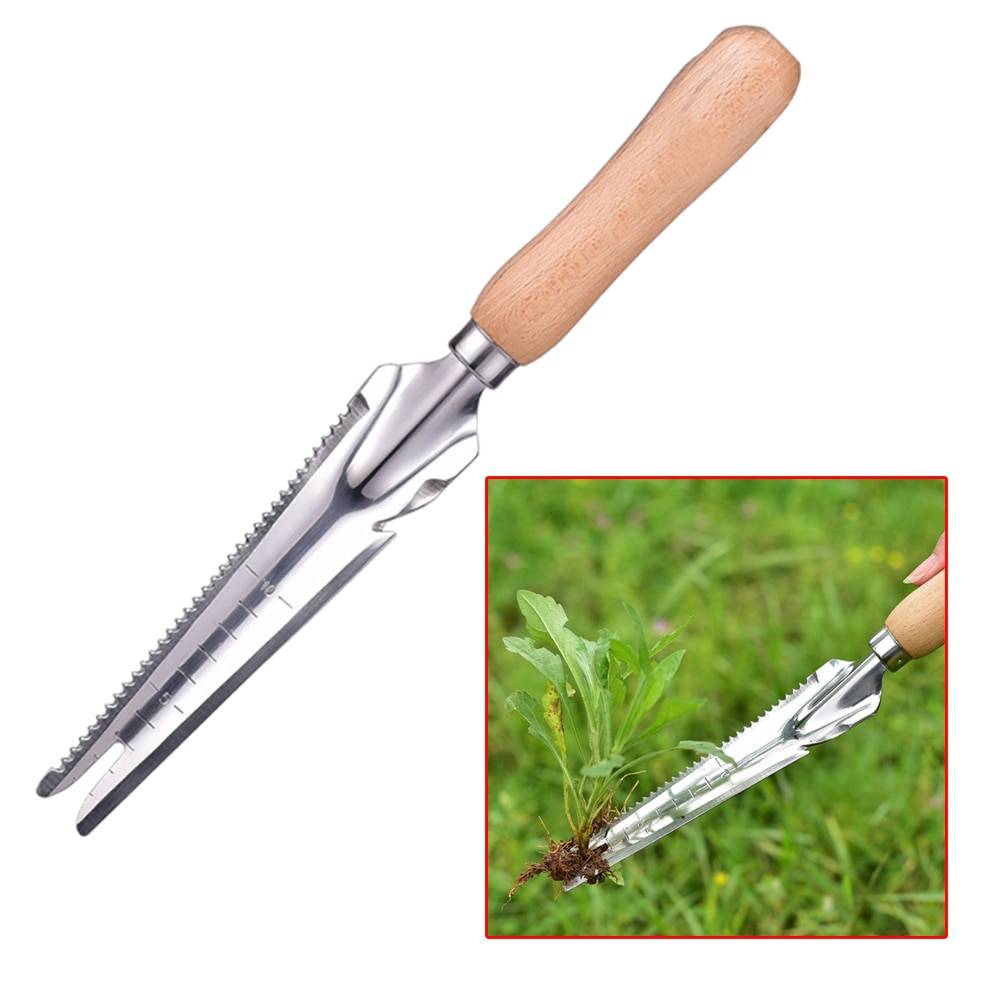Rostfritt stål trädgräs såg dibber handverktyg trädgårdsskötsel spade med ergonomiskt handtag för plantering och ogräsredskap - Grå