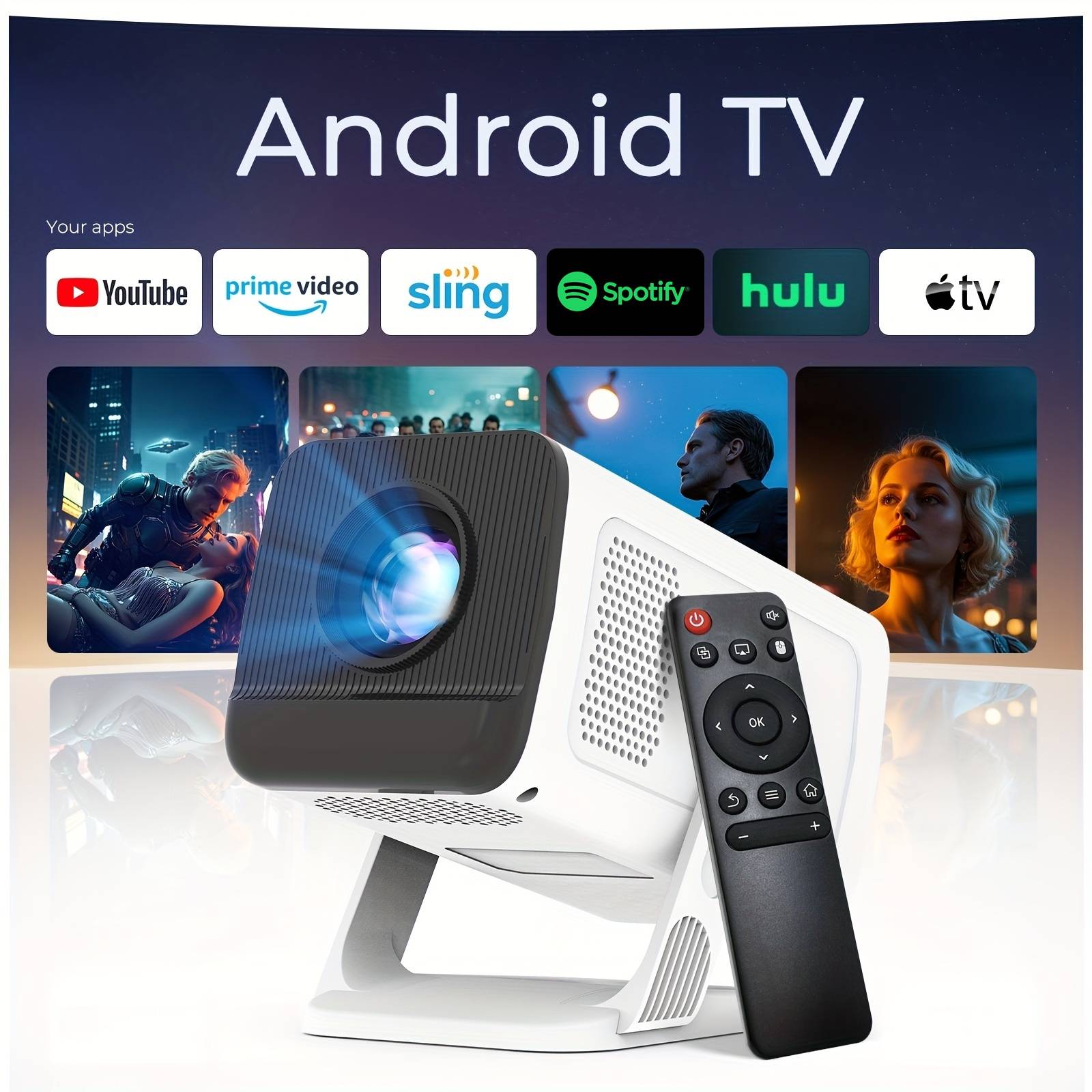 TEMU [built-in Apps & 2026 Upgraded] Mini Portable Smart Projector With Wifi 6 And Bt5.4, 11, 4k Support | Local 720p Home Theater Projector With Stand, 400ansi, Auto Keystone Correction, White