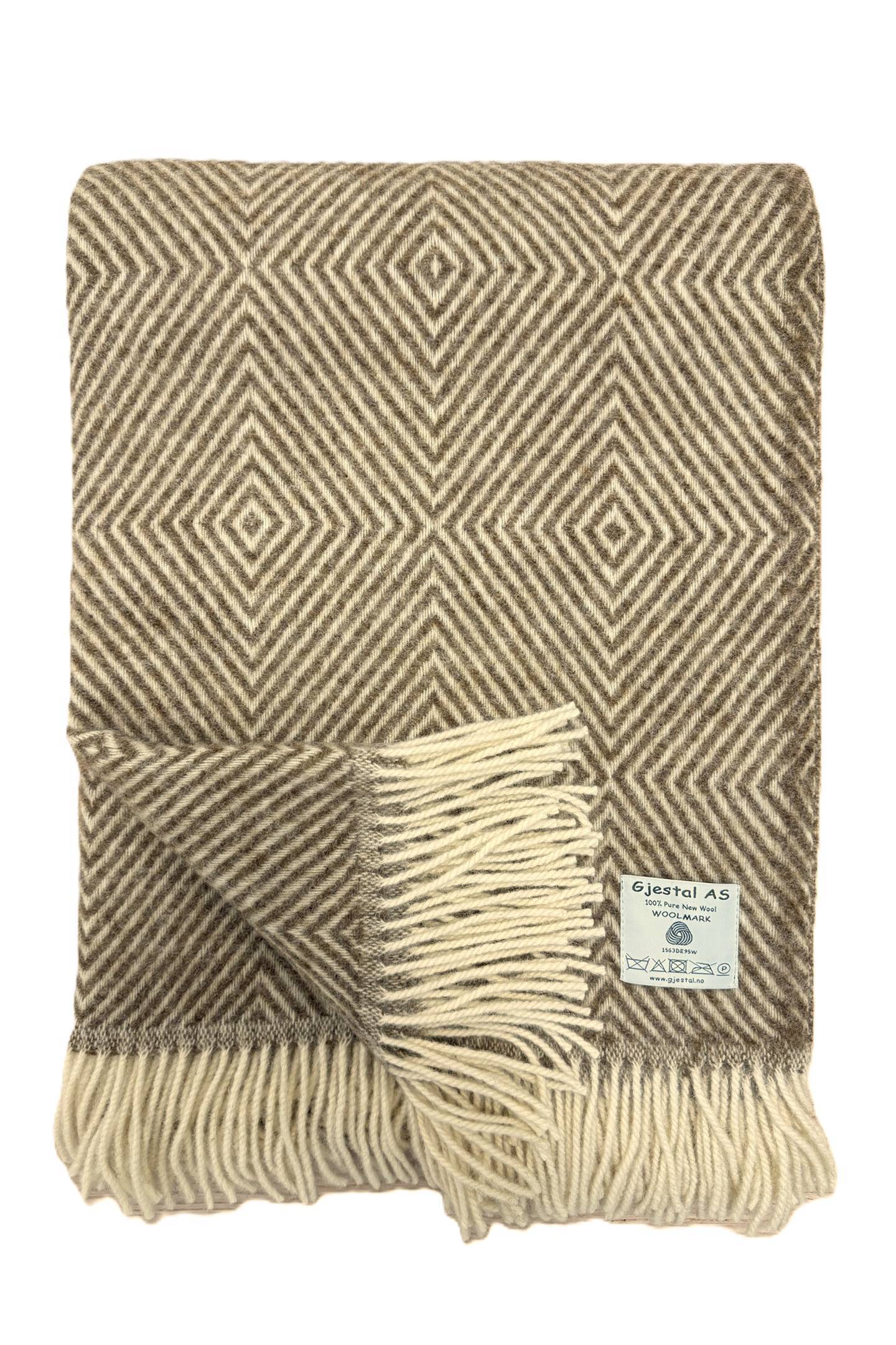 Gjestal Norsk Uldplaid Diamantmønster - Beige/Råhvid - Beige/Råhvid