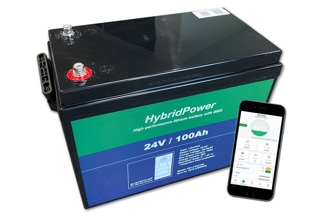 100Ah 24V LiFePO4 batteri med BMS frostsikring bluetooth