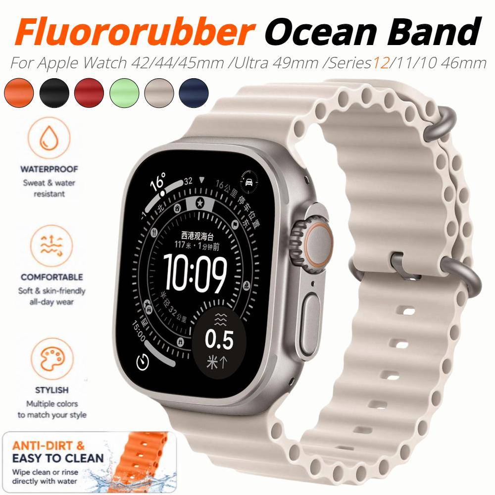 Ocean Band For Apple Watch Ultra 4 49mm Wristband Correa for iWatch Series12 46mm Bracelet SE S11 S10 44mm 45mm 42 Spring Buckle Fluoroelastomer Strap