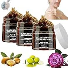 Marocko svart Beldi-tvål, Marocko svart Beldi-tvål, svart tvål med argan och ros, afrikansk svart tvålstång exfolierande tvål, afrikansk svart tvålstång för kroppsvård (3 st)