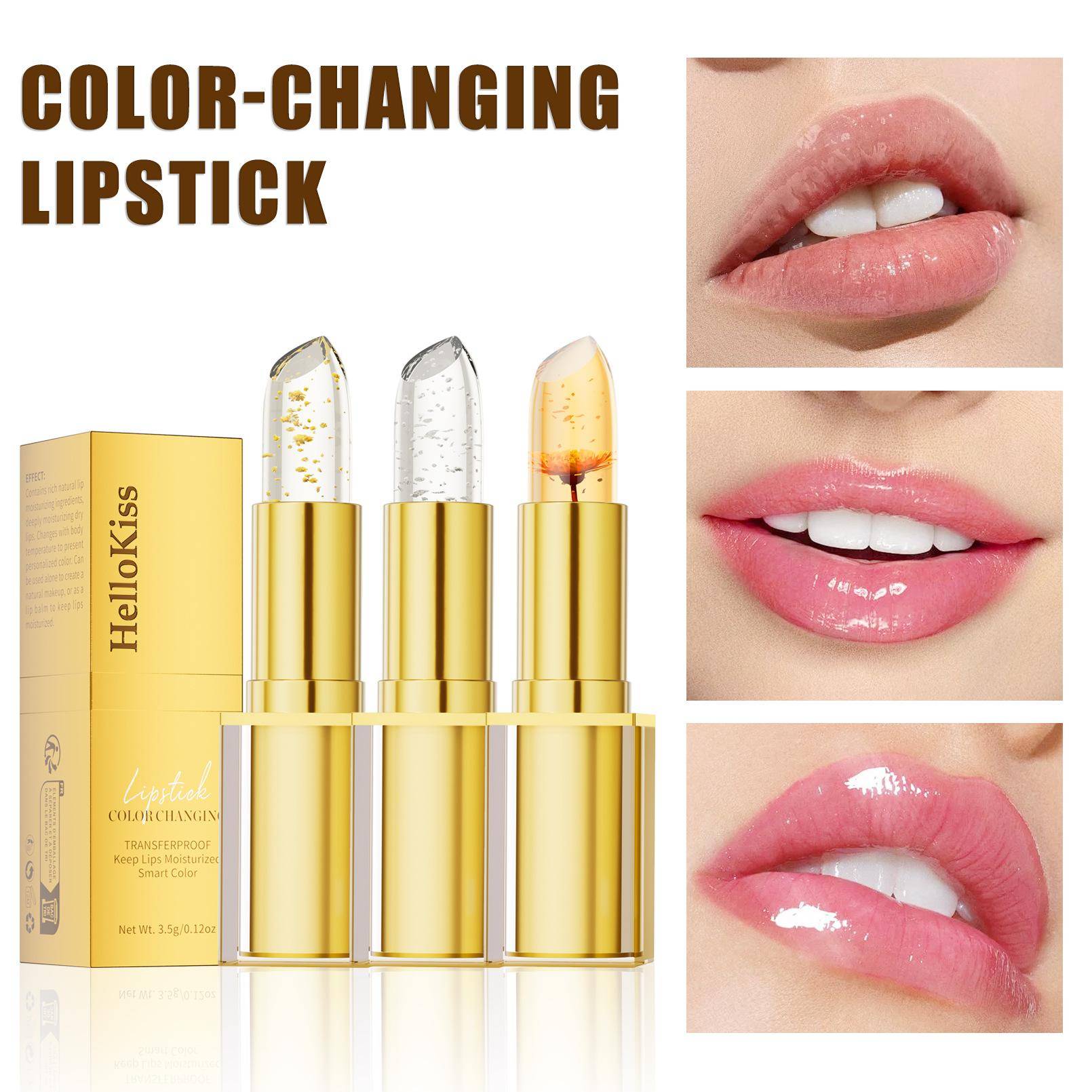 pH Color Changing Lipstick, Transfer Proof Gold Crystal Lip Balm, Moisturizing Glossy Lip Gloss