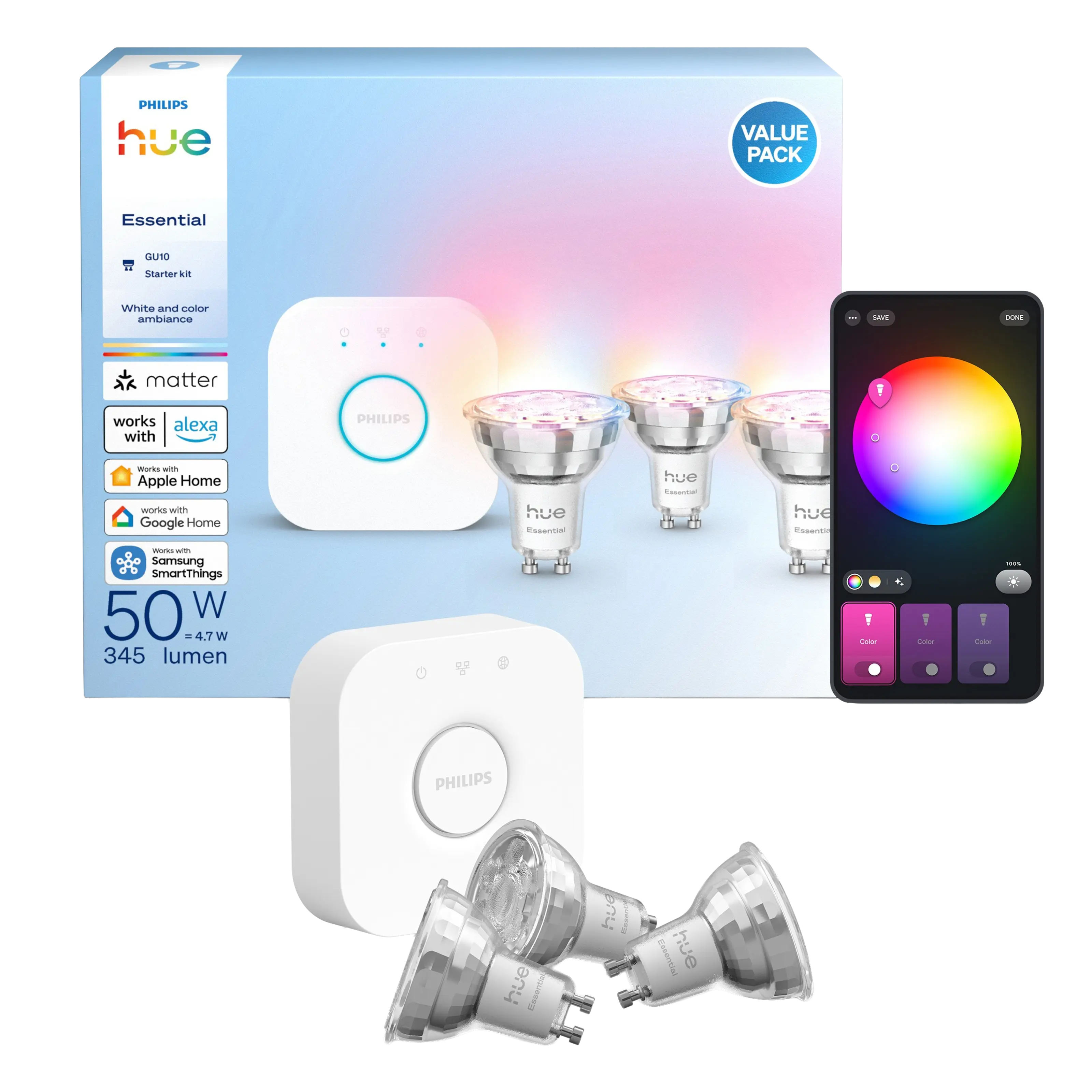 Philips Hue White and Color Ambiance Essential startpakke, 3x GU10 med Bridge