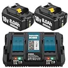 2 x 18 V 8 000 mAh förbättrat ersättningsbatteri för Makita dubbel port 6 A laddare för Makita DC18RD kompatibel med BL1860B BL1860 BL1850 BL1840B BL1830 med LED-verktygsbatteri.