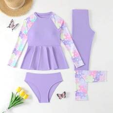 Tween Girls 3 delarTankini baddräktsset, blommönster, moderiktigt, avslappnat, elegant, lämpligt för simning, semester, sommar - Mauve Lila (8Y,9Y,10Y,11Y,12Y)