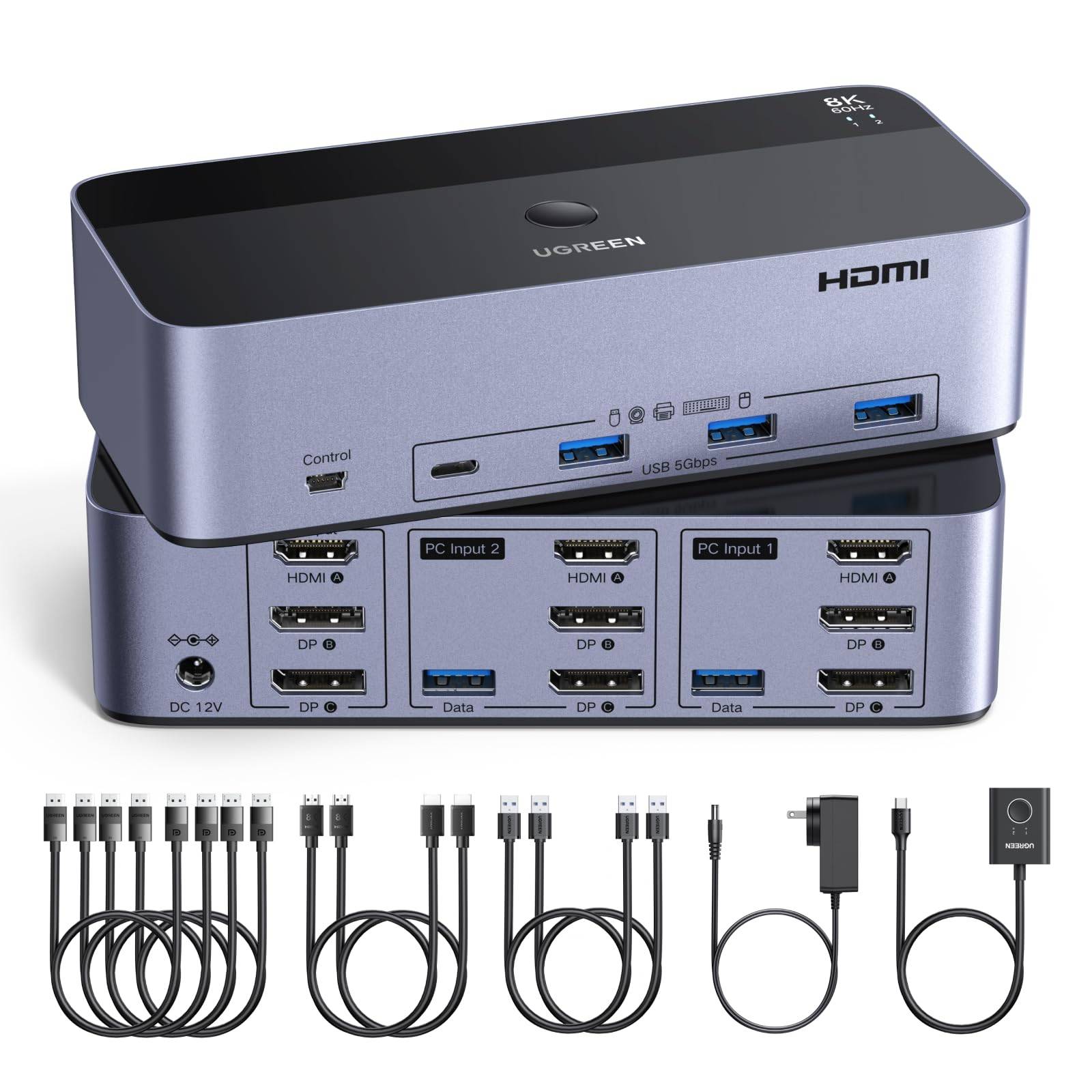 UGREEN HDMI + DisplayPort KVM Switch (Supports 2 PCs and 3 Monitors) 8K60Hz / 4 x USB 3.0, Button & Desktop Controller Switching, Compatible with Wind