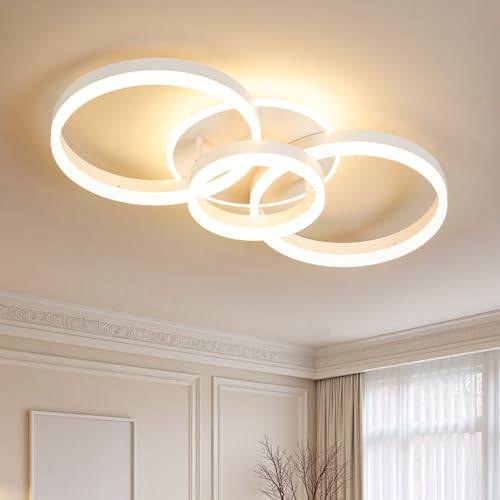 Amdelne Deckenleuchte Dimmbar mit Fernbedienung 65cm | 50W Moderne 3 Ring-Design LED Deckenlampe für Wohnzimmer Schlafzimmer Küche | Nachtlicht, Memory-Funktion - Weiß