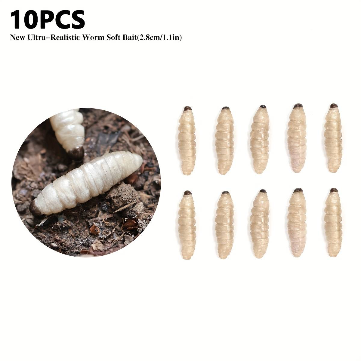 10pcs Realistic Maggot Lures, High-quality Floating Pvc Worms/soft , 2.8cm/1.1in Soft Bait For Salmon Fishing, Carp, , Fly Fishing Outdoor Fishing Gear