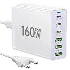 USB C-laddare,160W GaN 6-Port Multi-Port Charger,PD Fast Charger USB Desktop Charger Compatibel With i-phone12/13/14/15-serien, MacBook Pro/Air Galaxy S23/S22/S21