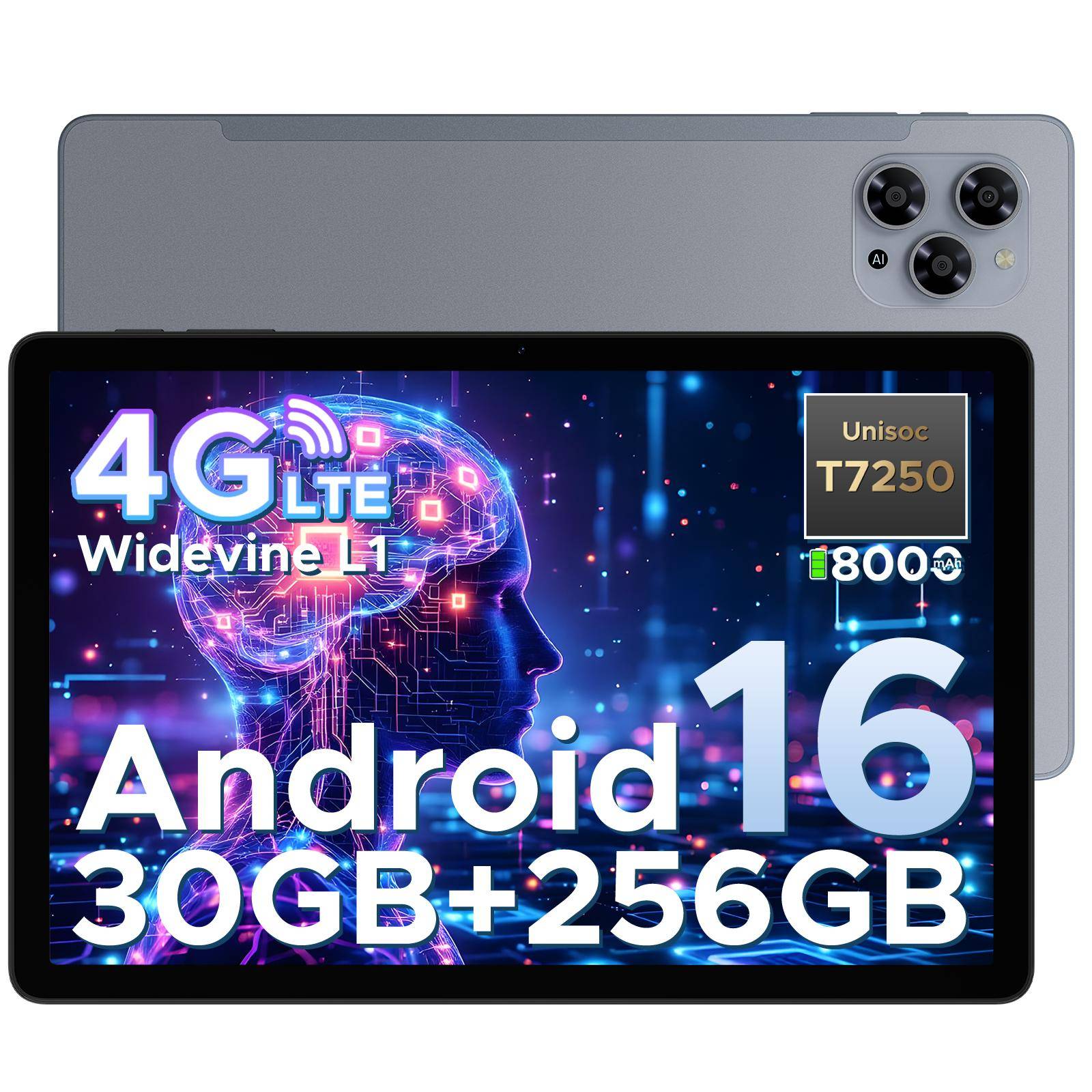 DOOGEE TAB G6 Surfplatta 11 tum Android 16 Surfplattor, 30 GB + 256 GB / 2 TB, 8000 mAh & T7250 Octa Core, 4G LTE + 2 Högtalare grå färg