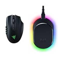 Razer Naga V2 Pro – MMO trådlös spelmus med HyperScroll Pro-hjul (3 utbytbara sidoplattor) Svart & Razer Mouse Dock Pro & Laddningspuck – magnetisk trådlös laddningsdocka och laddningsmodul