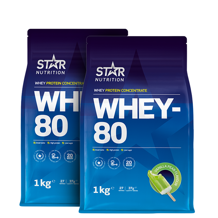 Star Nutrition 2 x Whey-80 Valleprotein 1 kg - Bodyman.dk.