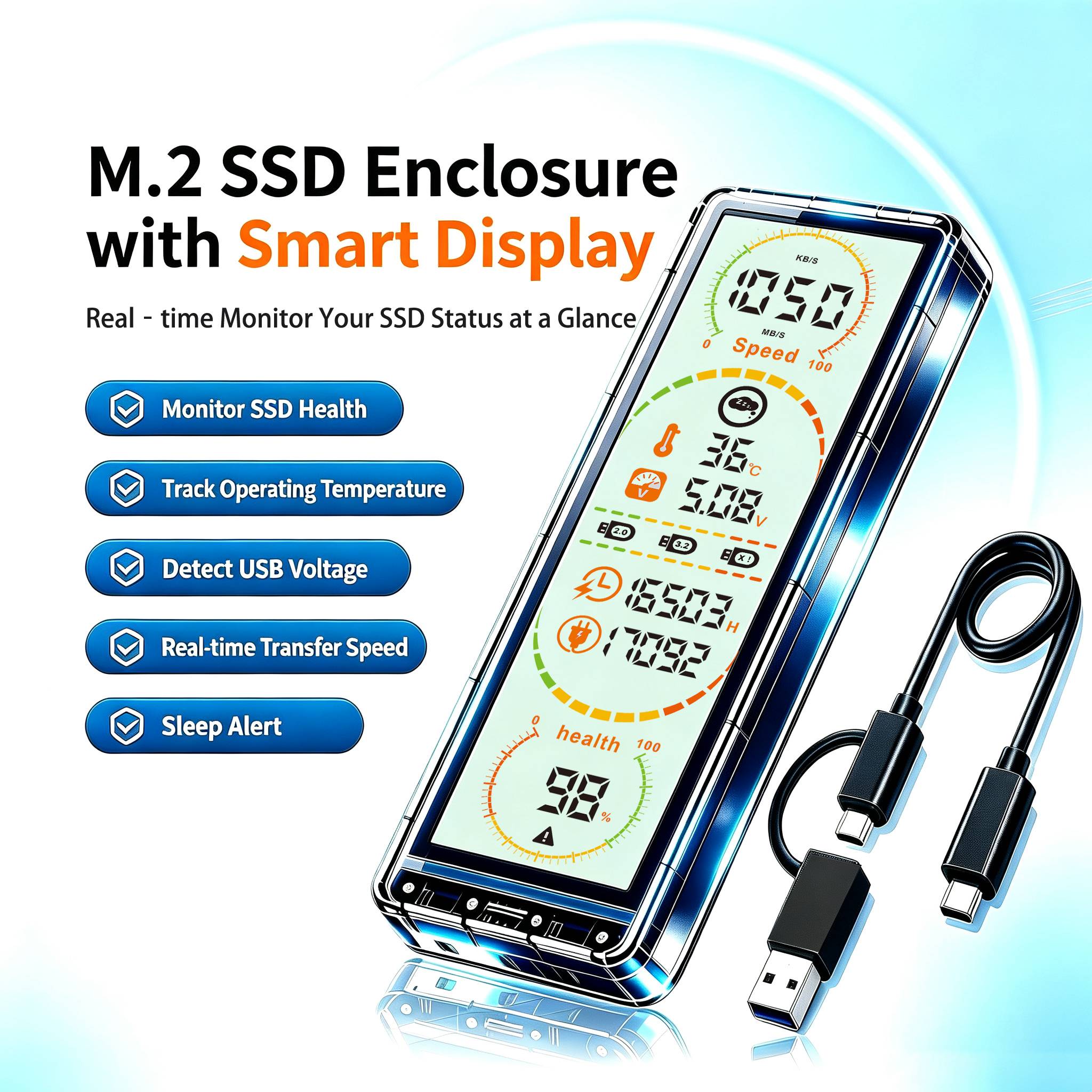 10Gbps Transparent M.2 SSD Enclosure with Built-in Smart Display USB 3.2 Gen2 Type-C External SSD Case,Supports NVMe & SATA Dual