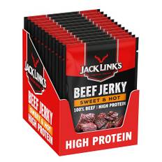 Jack Links Beef Jerky Sweet & Hot – 12er Pack (12 x 25g) – Trockenfleisch Eiweiß Snacks - High Protein Snack für Gym, Fitness, Outdoor - American Food für Menschen - Dörrfleisch Chips aus Rind Fleisch