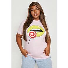 Plus Lips Lollipop Print Oversized T-shirt - baby pink - 44