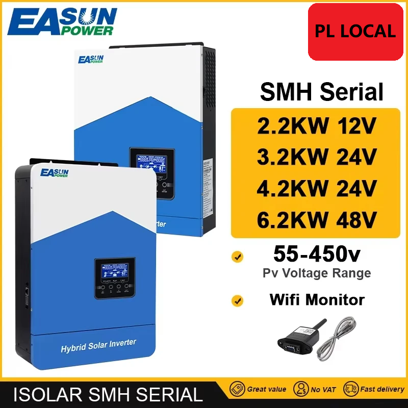 Easun Power 6.2kw 4.2kw 3.2kw 2.2kw 12v 24v 48v MPPT Hybrid Off Grid Pure Sine Wave 80a 110a 230v 50/60hz Solar Inverter Charger