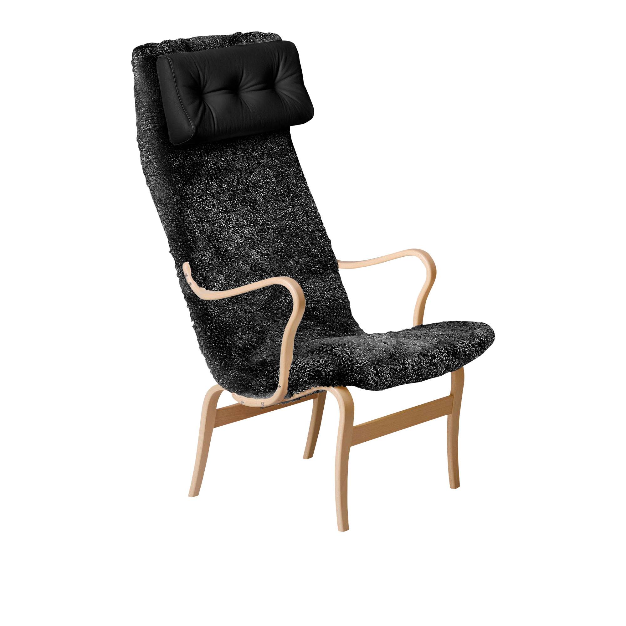 Bruno Mathsson International - Mi 473 Eva - Hög rygg - Klarlackad bok - Fårskinn Black/Elmosoft 99999 - Lænestole - Bruno Mathsson - Sort - Læder/Træ/Uld