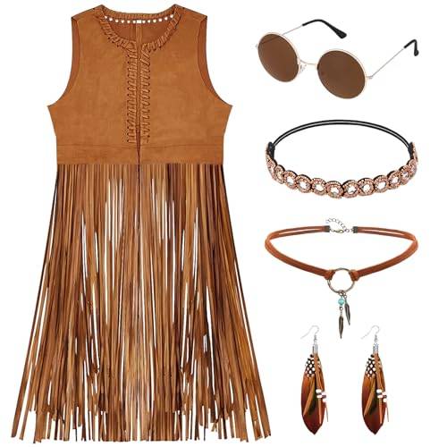 CHMMY hippie kläder dam set 60-talet 70-talet outfit dam flickor brun fransar väst hippie kostym fransväst hippie tillbehör karneval maskeraddräkter halloween (M)