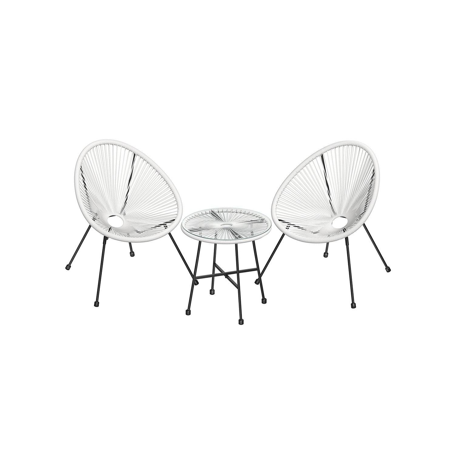 SONGMICS Garden Patio Furniture Set 3 Pieces, Acapulco Chair, Outdoor Seating, Glass Top Table and 2 Chairs, Indoor and Outdoor Conversation Set, Whit