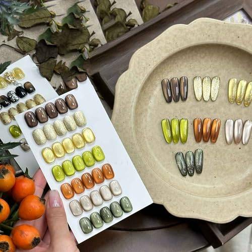 ADHERE Cat Eye Gel Nagellack Set 12ML, 7 färger Holografiskt Kattöga Glitter Gel Polish Set Orange Brun Fall Nail Gel Polish Kit med Magnet Soak Off LED Nail Art Gel DIY Salong Gåvor för kvinnor