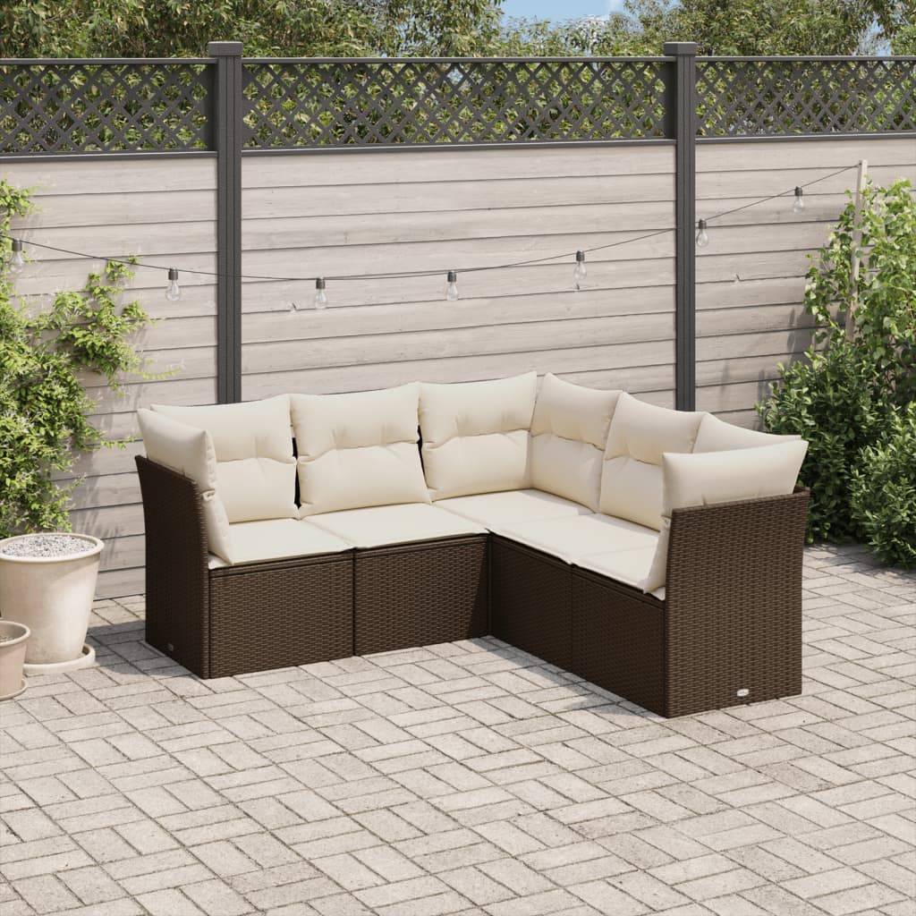 Sofasæt Til Haven 5 Dele Med Hynder Polyrattan - Brun og cremefarvet / Uden bord
