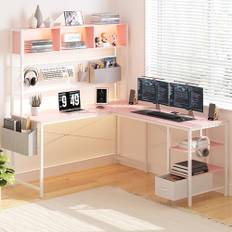 Dowinx LED spelbord, L-format skrivbord med uttag och förvaringsutrymme, vändbart datorbord med uttag och USB, kontorshörnskrivbord för hemmaspel rosa, 120 x 148 cm