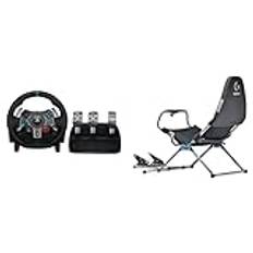 Playseat® Challenge X - Logitech G Edition & Logitech G29 Driving Force Gaming racingratt, dubbelmotoråterkoppling, 900 ° räckvidd, racingläderratt, justerbara golvpedaler i rostfritt stål, Svart